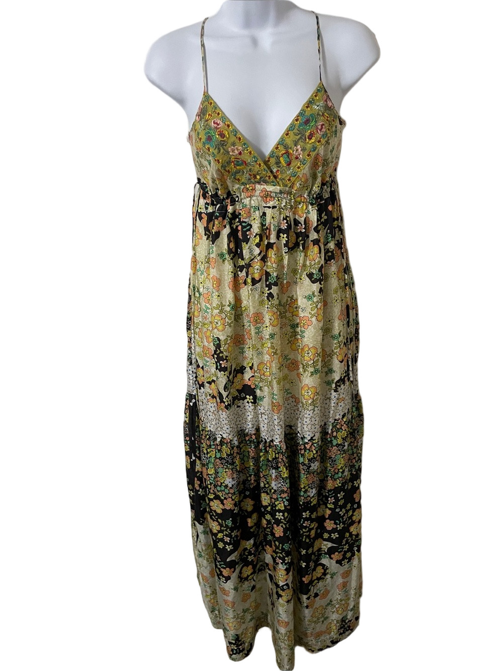 Johnny Was Silk Embroidered Floral Panel Maxi Dress Size Small